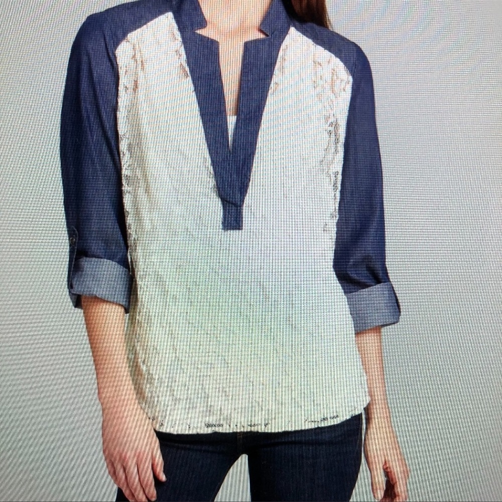 Karen Kane Denim and Lace Long Roll Tab Sleeve Top Size Small